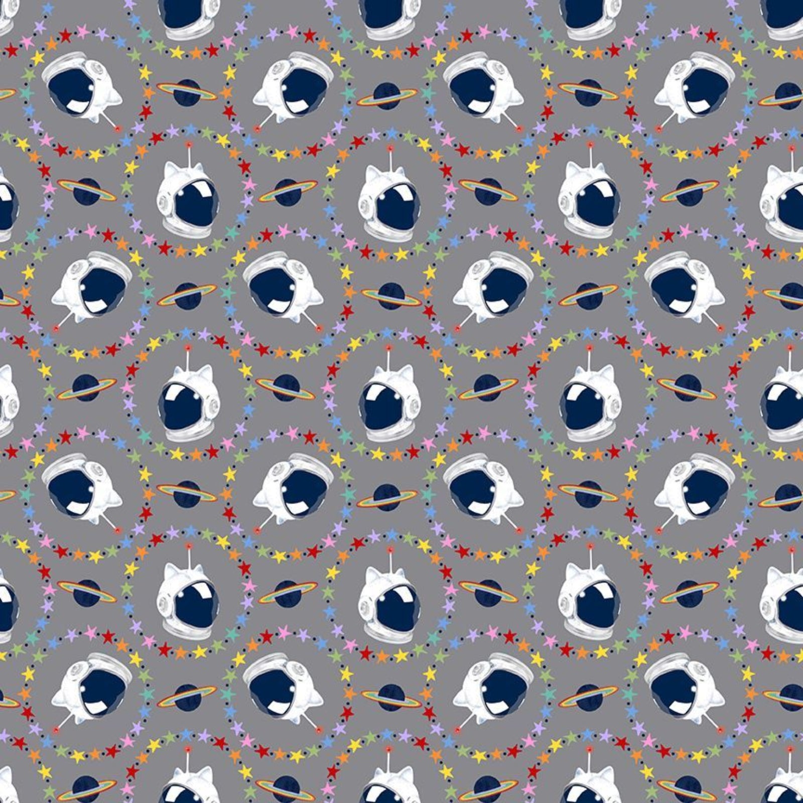 Pattern of space-themed illustrations on a gray background