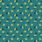 Pattern of blue and yellow shapes on a teal background