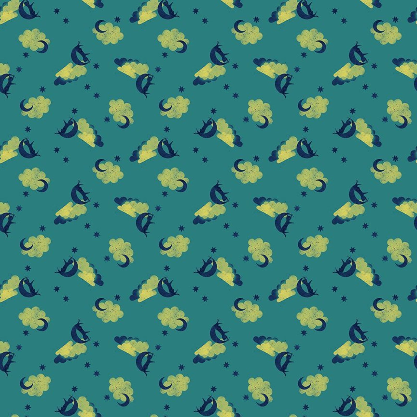 Pattern of blue and yellow shapes on a teal background