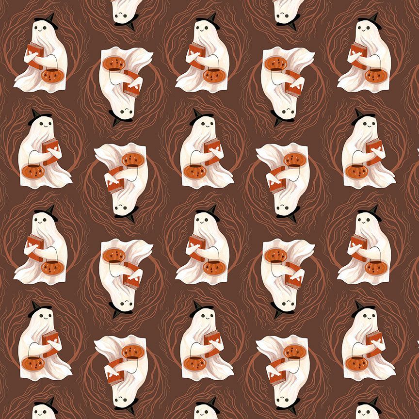 Pattern of ghosts holding pumpkins on a brown background