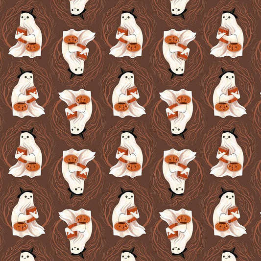 Pattern of ghosts holding pumpkins on a brown background