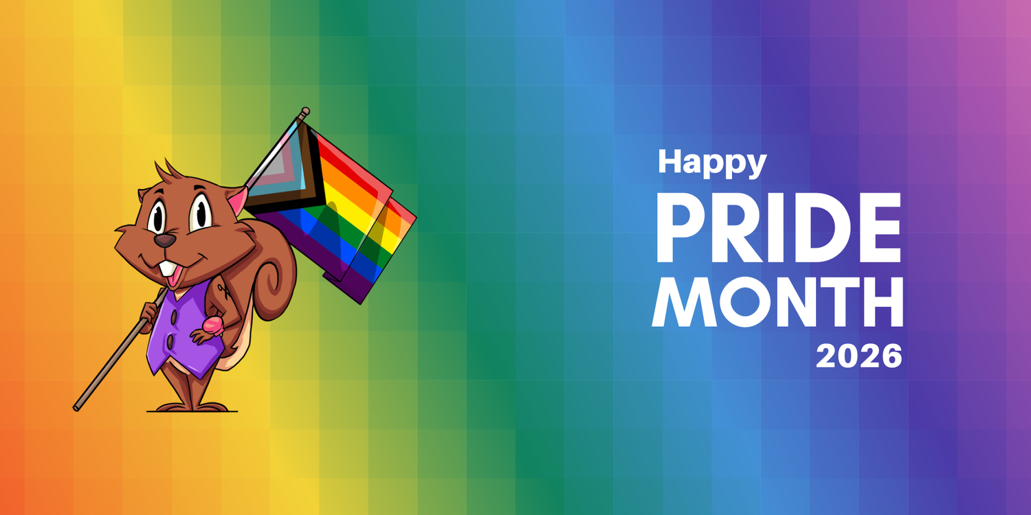 Cartoon squirrel holding a rainbow flag on a gradient background with 'Happy Pride Month 2026' text.