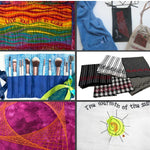 Collage of six embroidered projects including bags, napkins, decorative stitching, and inspirational text designs.