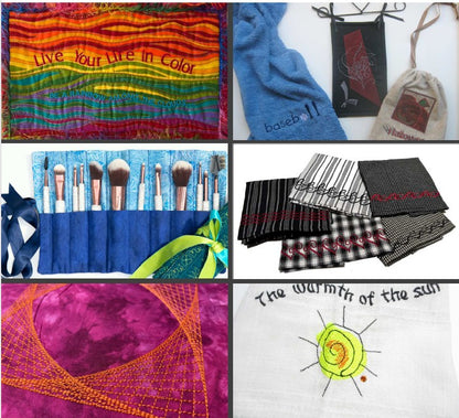 Collage of six embroidered projects including bags, napkins, decorative stitching, and inspirational text designs.