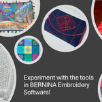 Collage of circular embroidery samples with the text “Experiment with the tools in BERNINA Embroidery Software.”
