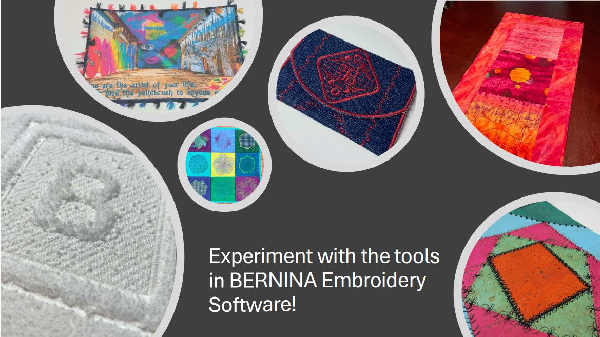 Collage of circular embroidery samples with the text “Experiment with the tools in BERNINA Embroidery Software.”