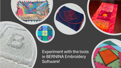 Collage of circular embroidery samples with the text “Experiment with the tools in BERNINA Embroidery Software.”
