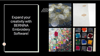 Promotional collage showing four embroidery designs with the text “Expand your creativity with BERNINA Embroidery Software.”