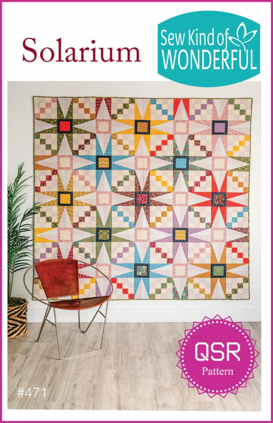 Solarium quilt pattern cover showing a colorful geometric starburst quilt hanging on a wall in a styled room with a chair and plant. Text includes 'Solarium', 'Sew Kind of WONDERFUL', and 'QSR Pattern'.