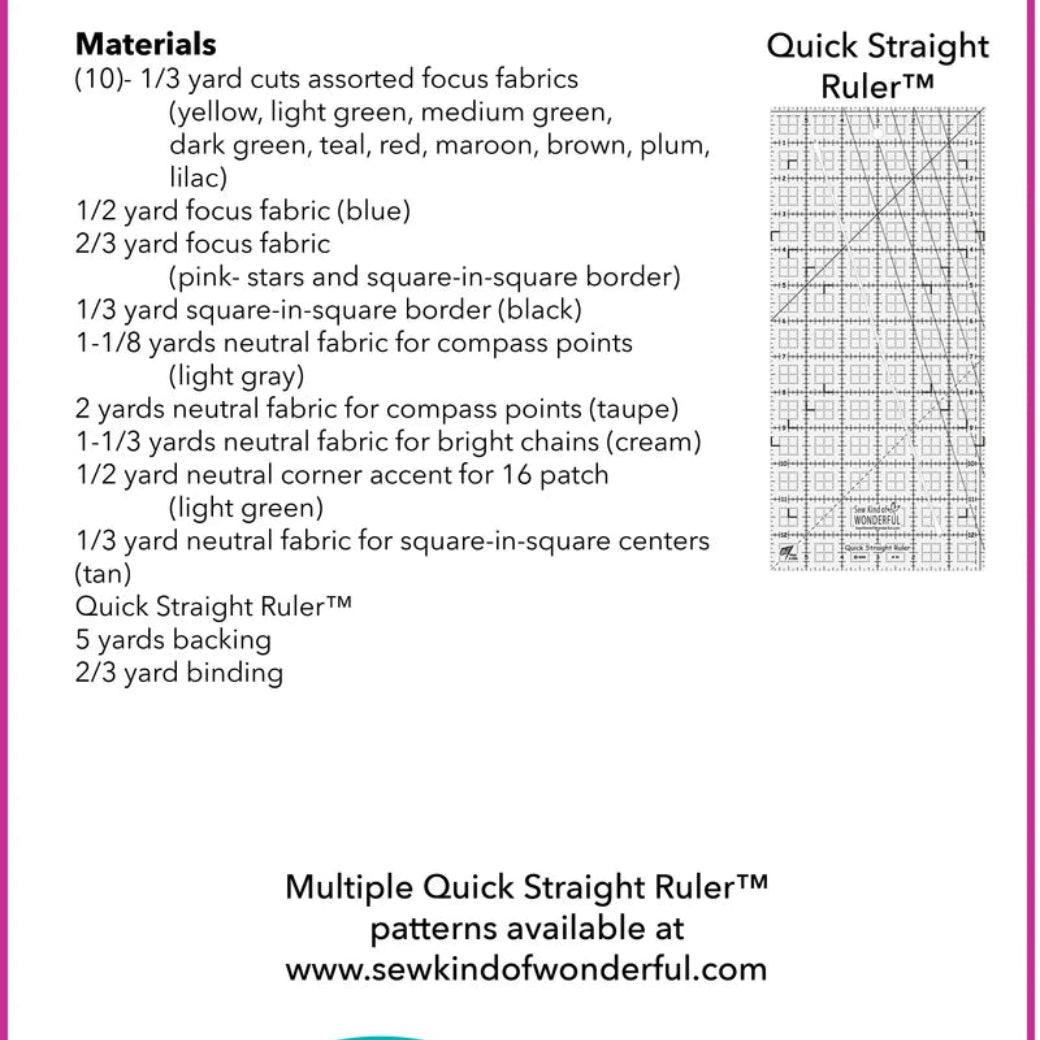 Pattern guide for a quilt named 'Solarium' with fabric requirements and ruler information.