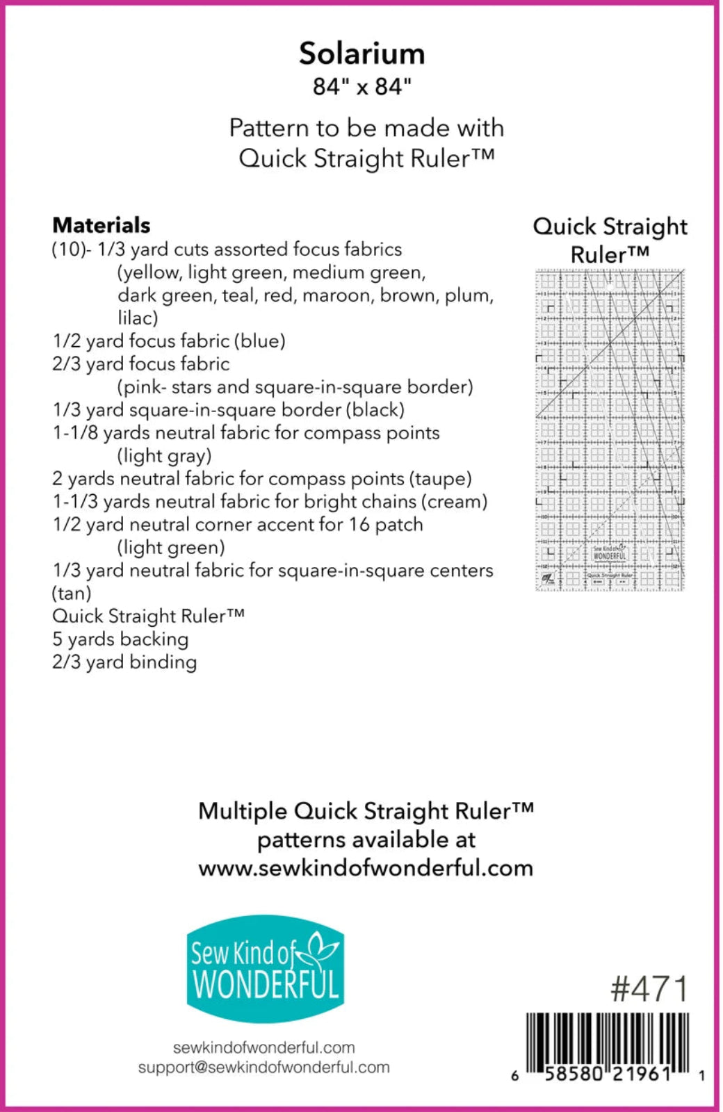 Pattern guide for a quilt named 'Solarium' with fabric requirements and ruler information.