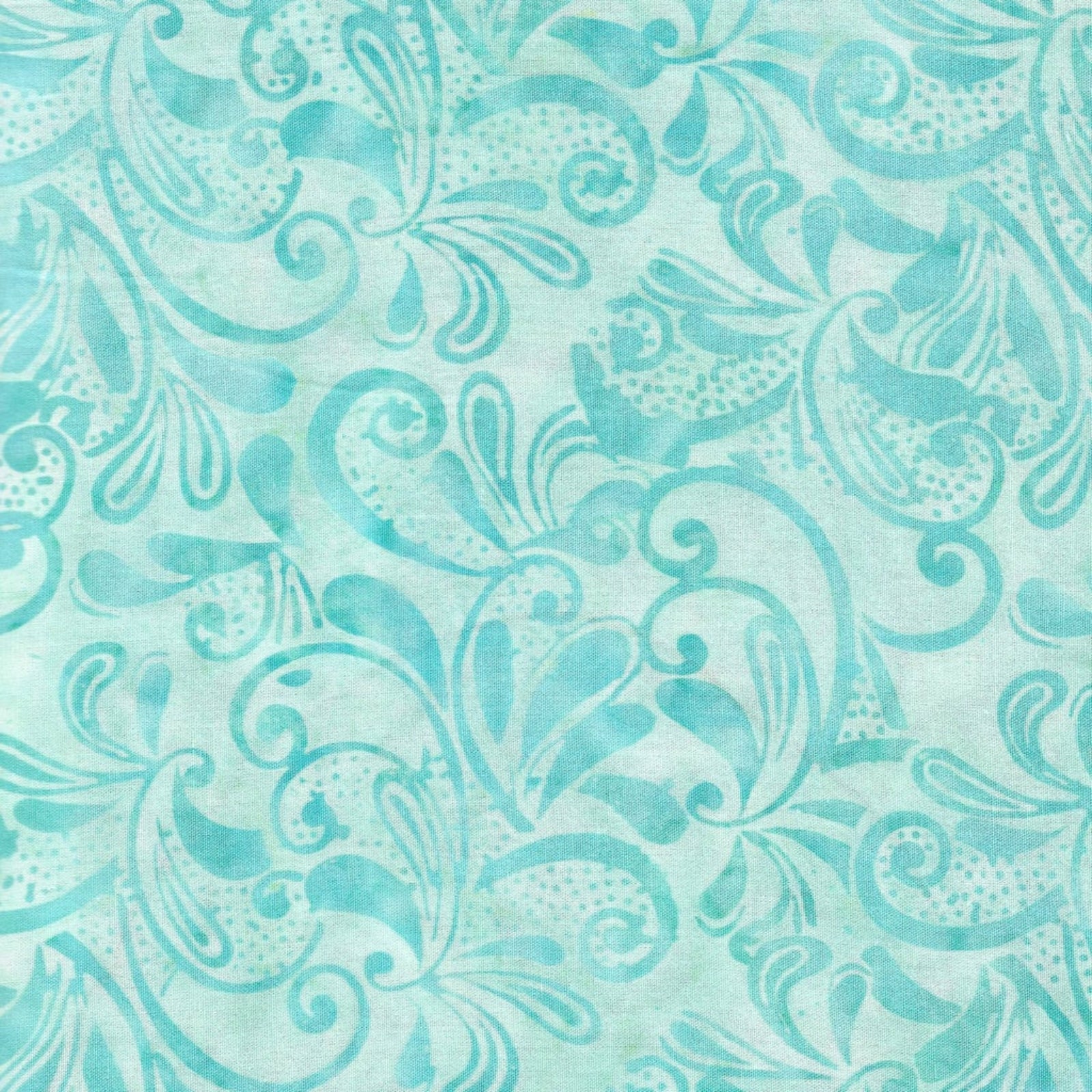 A close-up of a fabric pattern featuring a repeating damask-style scroll and leaf motif in light aqua and turquoise tones.