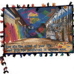 Graffiti‑style embroidered artwork created in Artwork Canvas using multiple techniques, featuring bold text and colorful alleyway imagery.