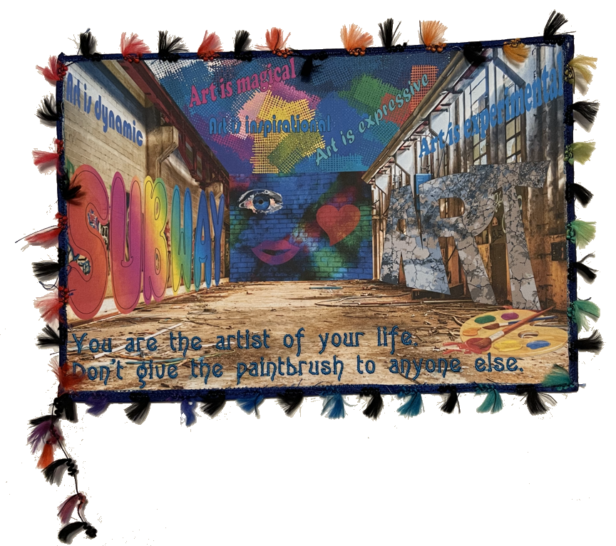 Graffiti‑style embroidered artwork created in Artwork Canvas using multiple techniques, featuring bold text and colorful alleyway imagery.