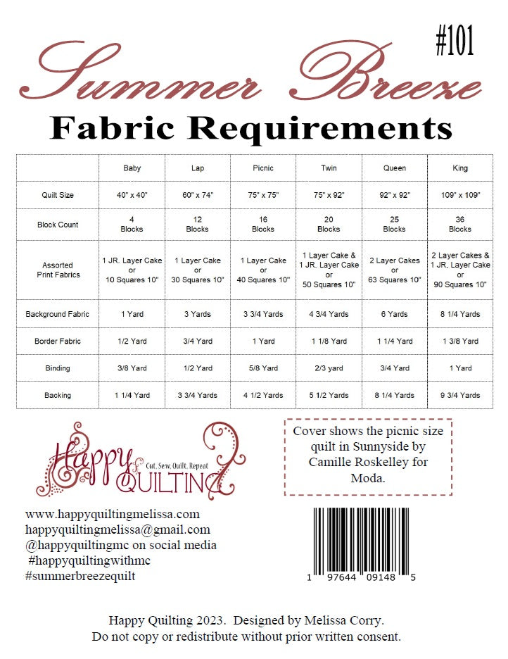 Fabric requirements chart for a quilt titled 'Summer Breeze' by Happy Quilting.