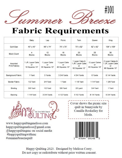 Fabric requirements chart for a quilt titled 'Summer Breeze' by Happy Quilting.