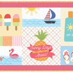A square beach-themed patchwork-style print or textile design with a pink border and multiple illustrated panels: popsicles, a sailboat, sunscreen bottle labeled SPF 30, a flamingo, flip-flops, and a central pineapple with the words 'Sunny Days Ahead!'.