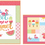 Two square summer-themed patchwork-style art prints or cards shown on a white background. The left print features the phrase 'Oh, the Sweet Days of Summer' with flamingo, sailboat, watermelon, and colorful text.