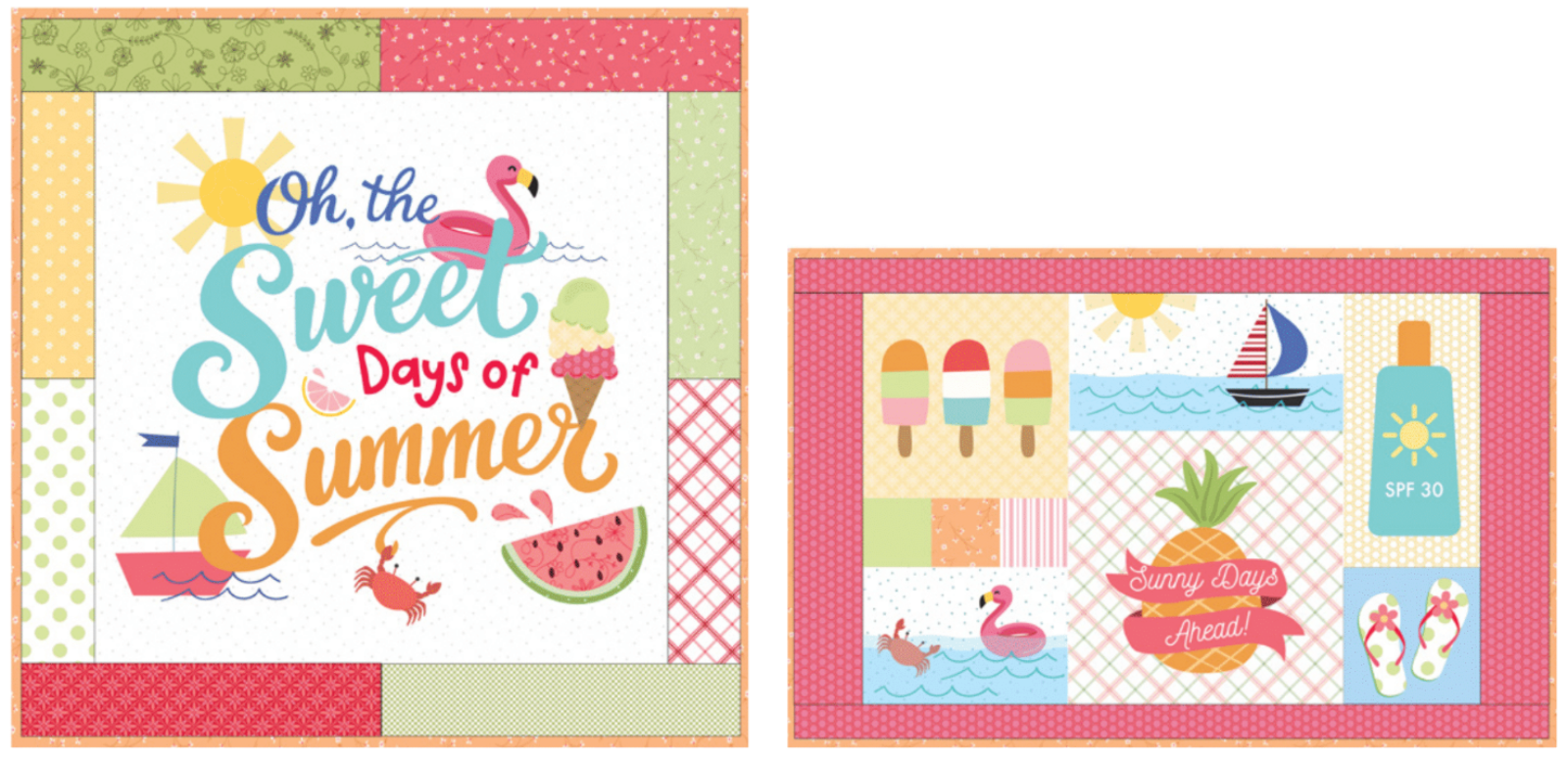 Two square summer-themed patchwork-style art prints or cards shown on a white background. The left print features the phrase 'Oh, the Sweet Days of Summer' with flamingo, sailboat, watermelon, and colorful text.