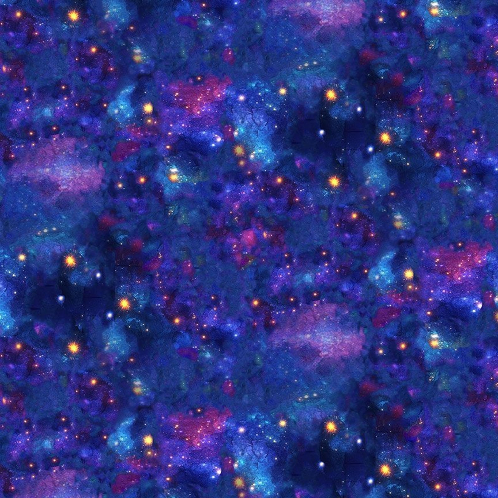 A seamless galaxy pattern featuring deep blue, purple, and pink nebulae scattered with glowing yellow and white stars.