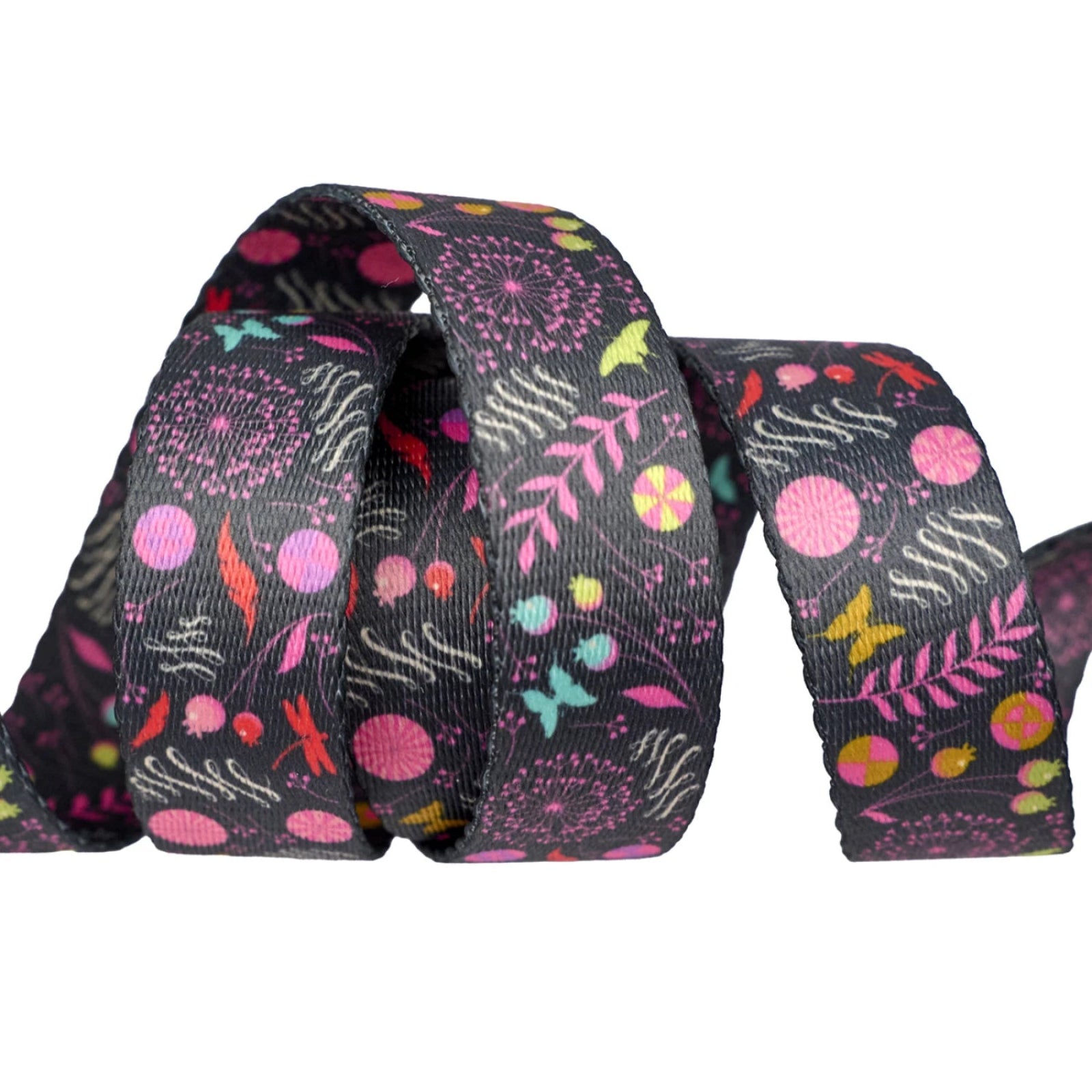 Floral patterned ribbon on a dark background
