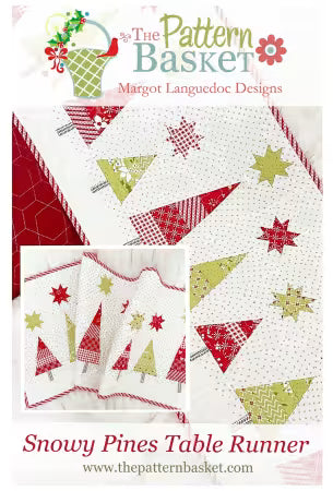 Snowy Pines Table Runner pattern featuring pieced trees and stars