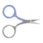 A pair of small silver scissors with light blue plastic finger rings, shown on a plain white background.