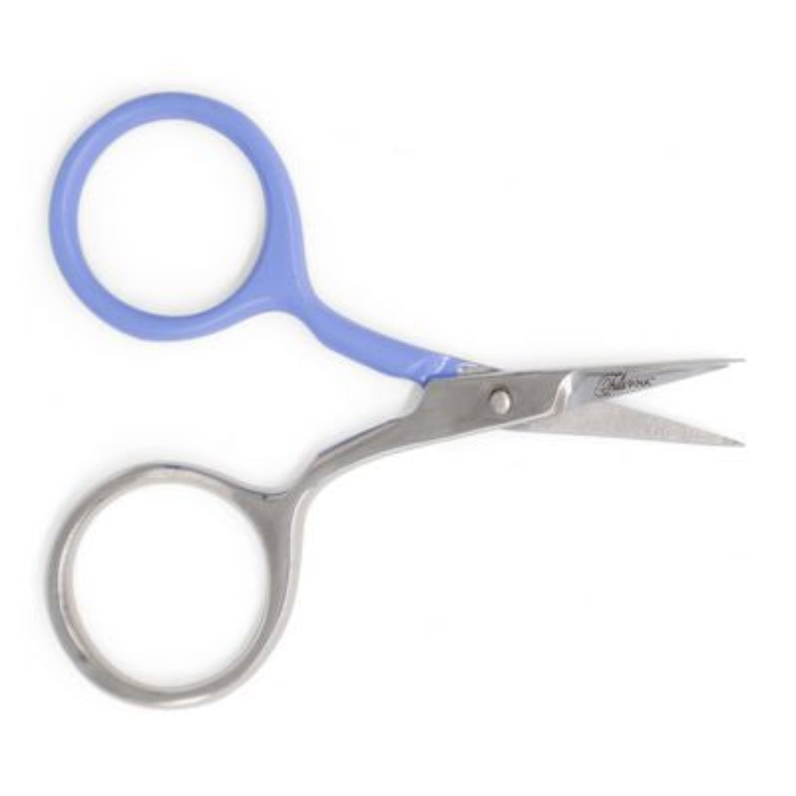 A pair of small silver scissors with light blue plastic finger rings, shown on a plain white background.