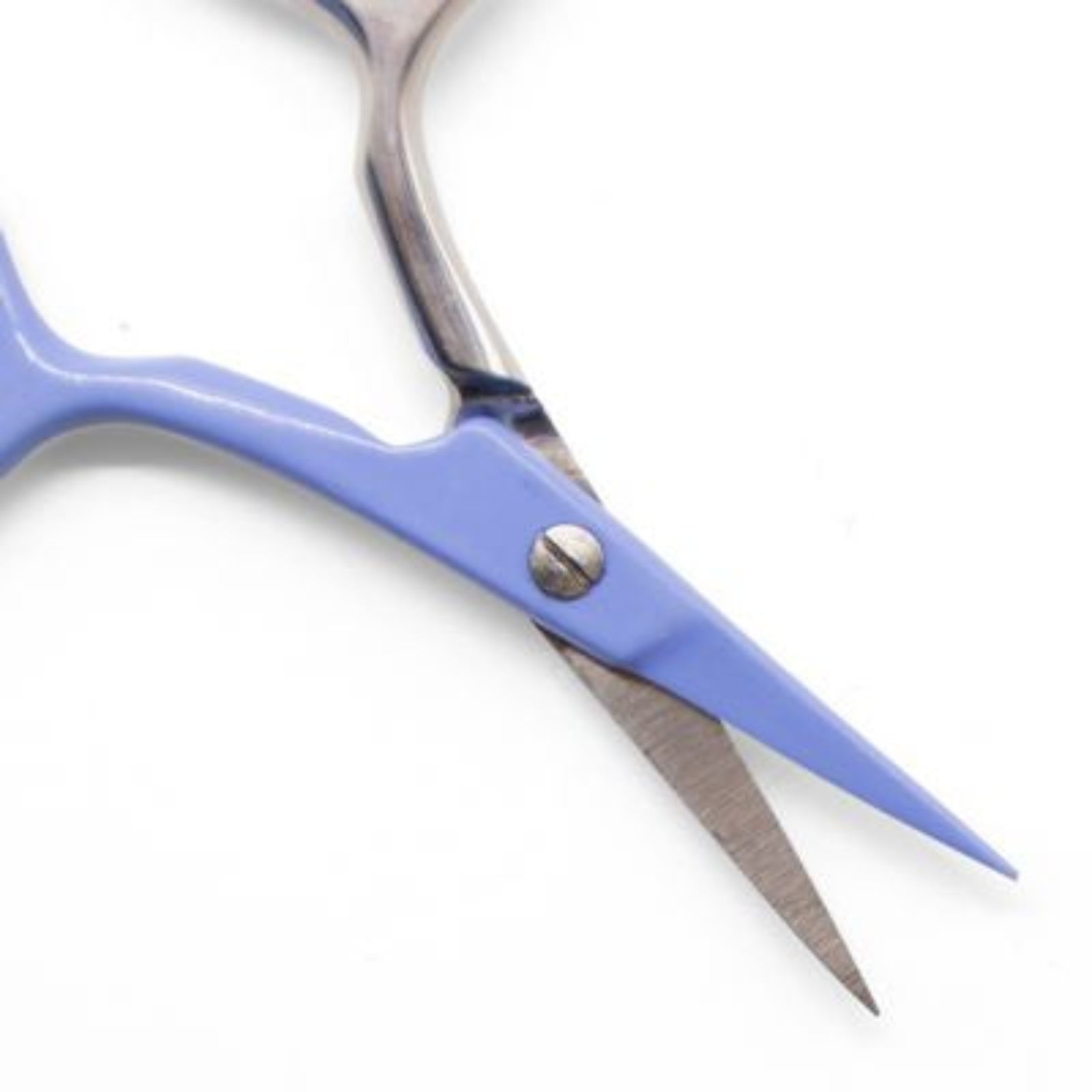 Close-up of a pair of small scissors with light blue handles and silver metal blades, shown on a plain white background.