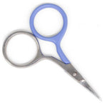A pair of nail scissors with light blue plastic handles and silver stainless steel blades, shown on a plain white background.
