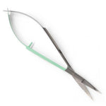A pair of curved metal scissors with a mint green and textured silver handles, shown open on a plain white background.
