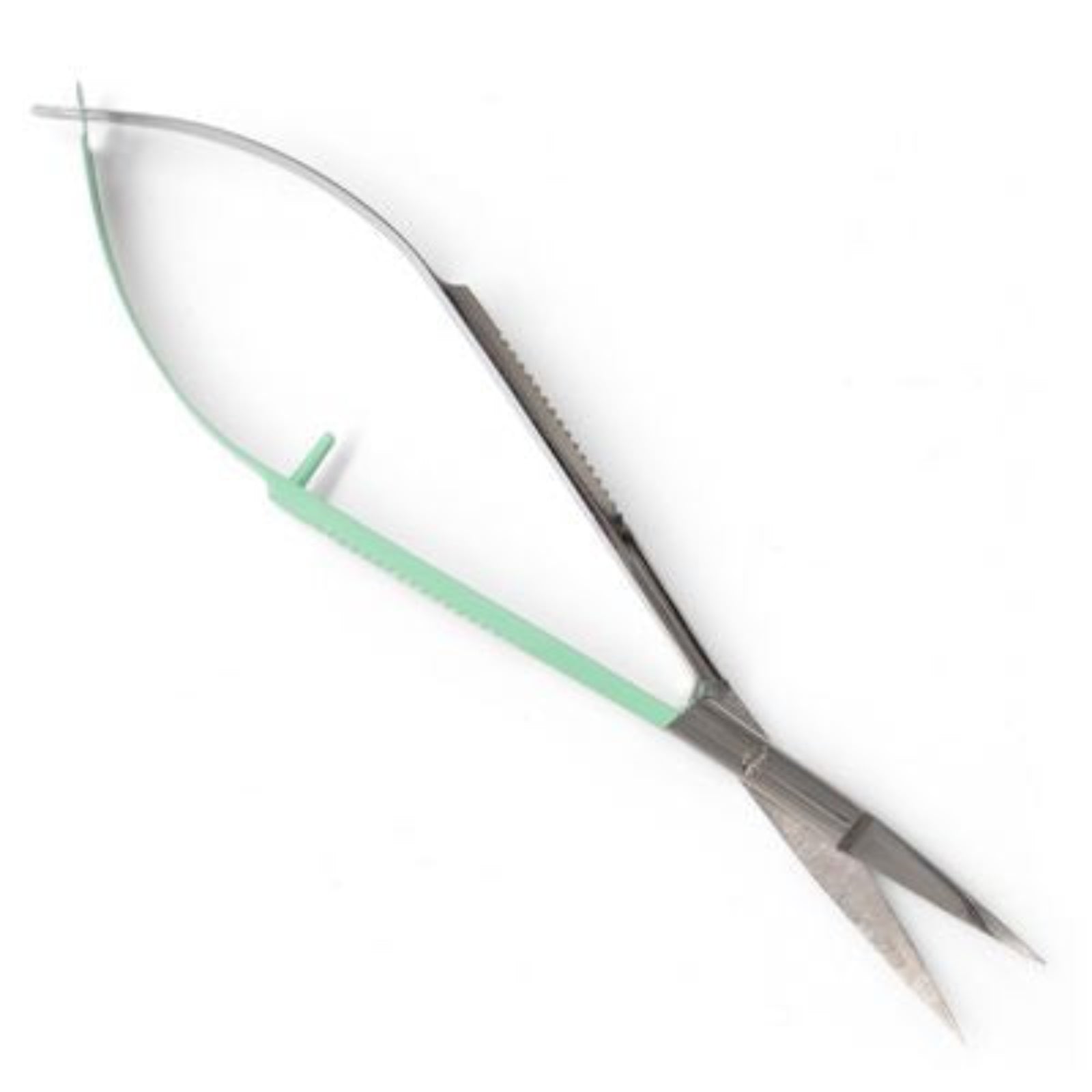 A pair of curved metal scissors with a mint green and textured silver handles, shown open on a plain white background.