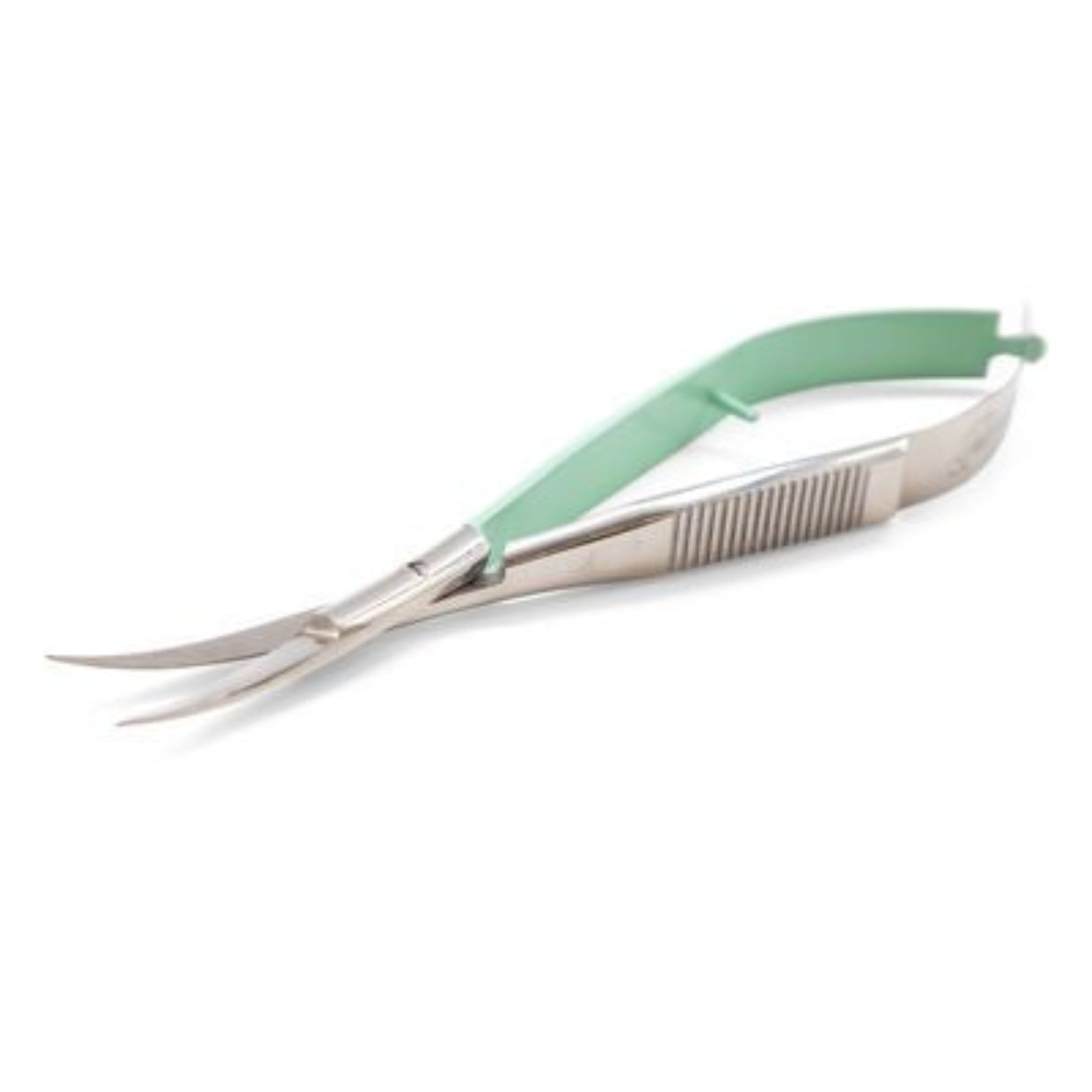 Sterile stainless steel snips with mint green handles, shown on a plain white background.