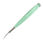 A pair of mint green precision snips with a curved stainless steel tip, shown on a plain white background.