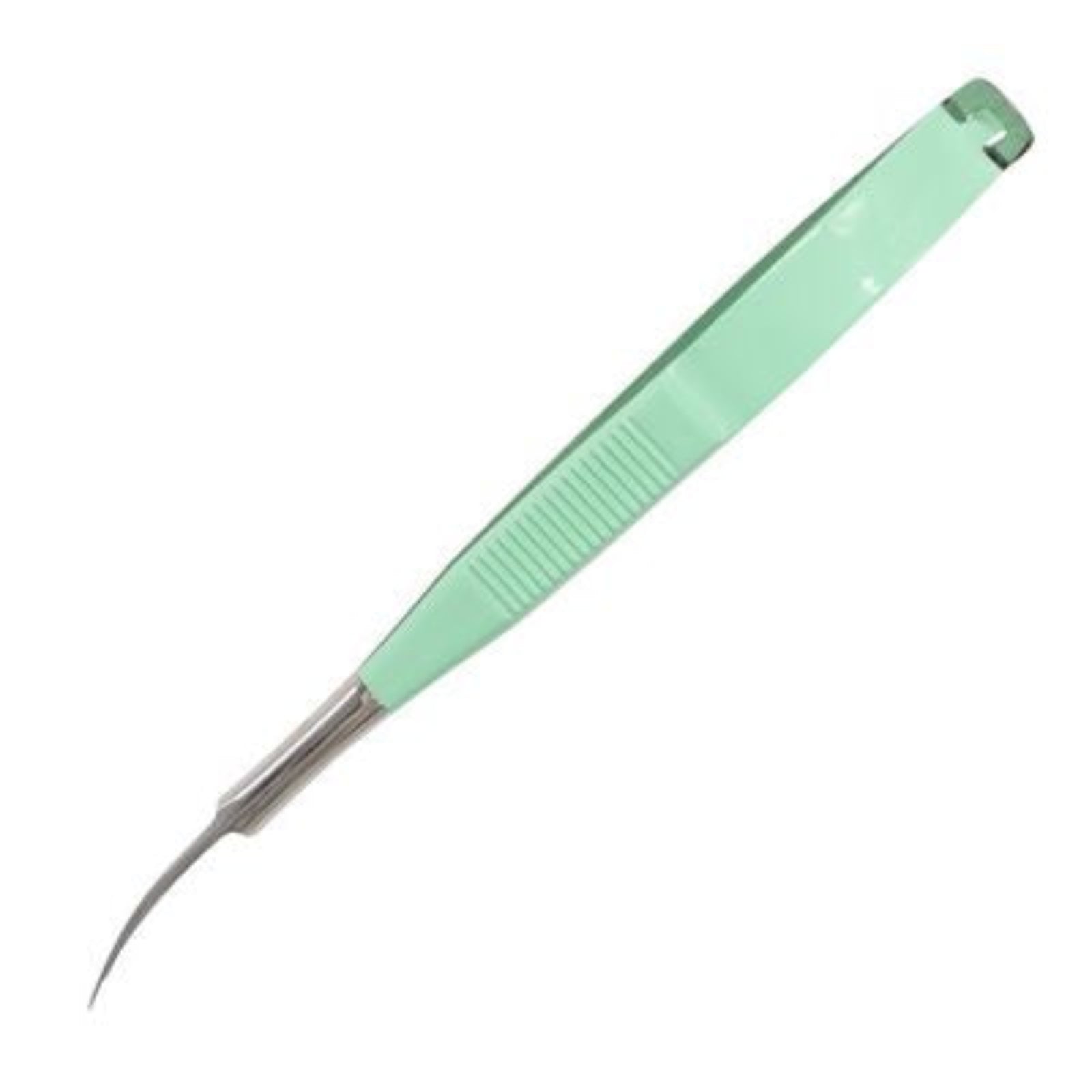 A pair of mint green precision snips with a curved stainless steel tip, shown on a plain white background.