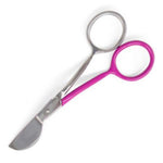 A pair of grooming scissors with silver stainless steel blades and bright pink plastic handles, shown on a plain white background.