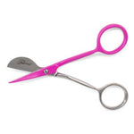 Pink and silver nail scissors with a curved blade and ring handles, shown on a plain white background.