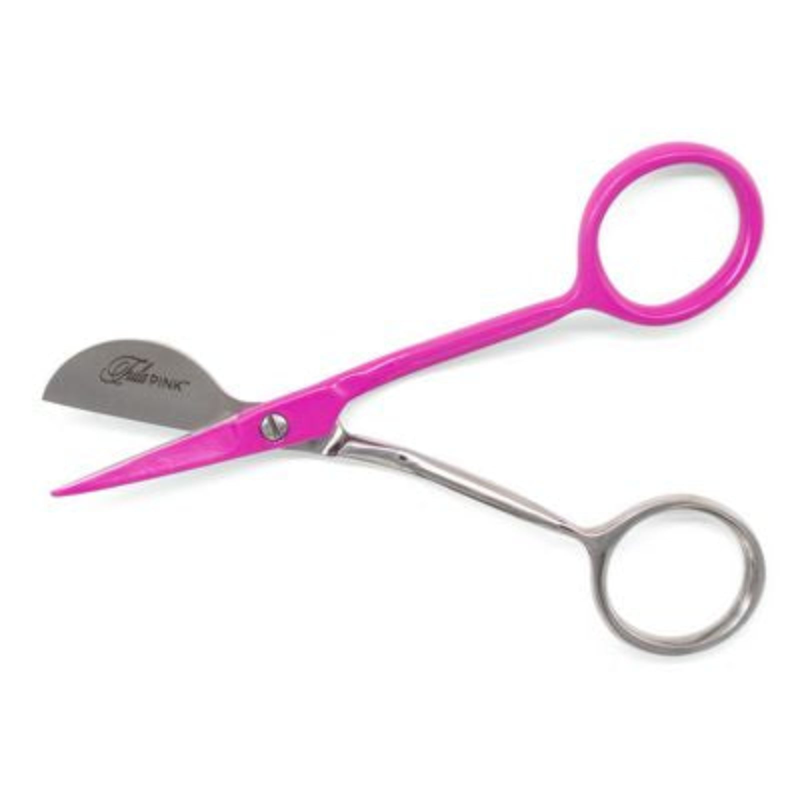 Pink and silver nail scissors with a curved blade and ring handles, shown on a plain white background.
