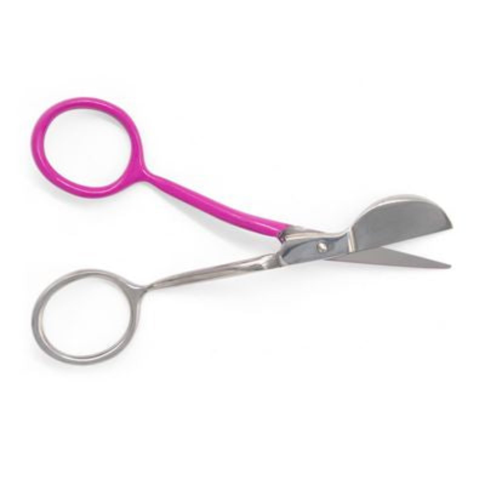A pair of large utility shears with bright pink handles and silver stainless steel blades, shown on a plain white background.