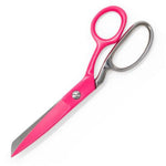 Bright pink scissors with silver metal blades and handles, shown on a clean white background.