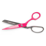 Bright pink fabric scissors with silver metal blades and handles, featuring the text 'FABRIC ONLY' printed on the blade, set against a plain white background.