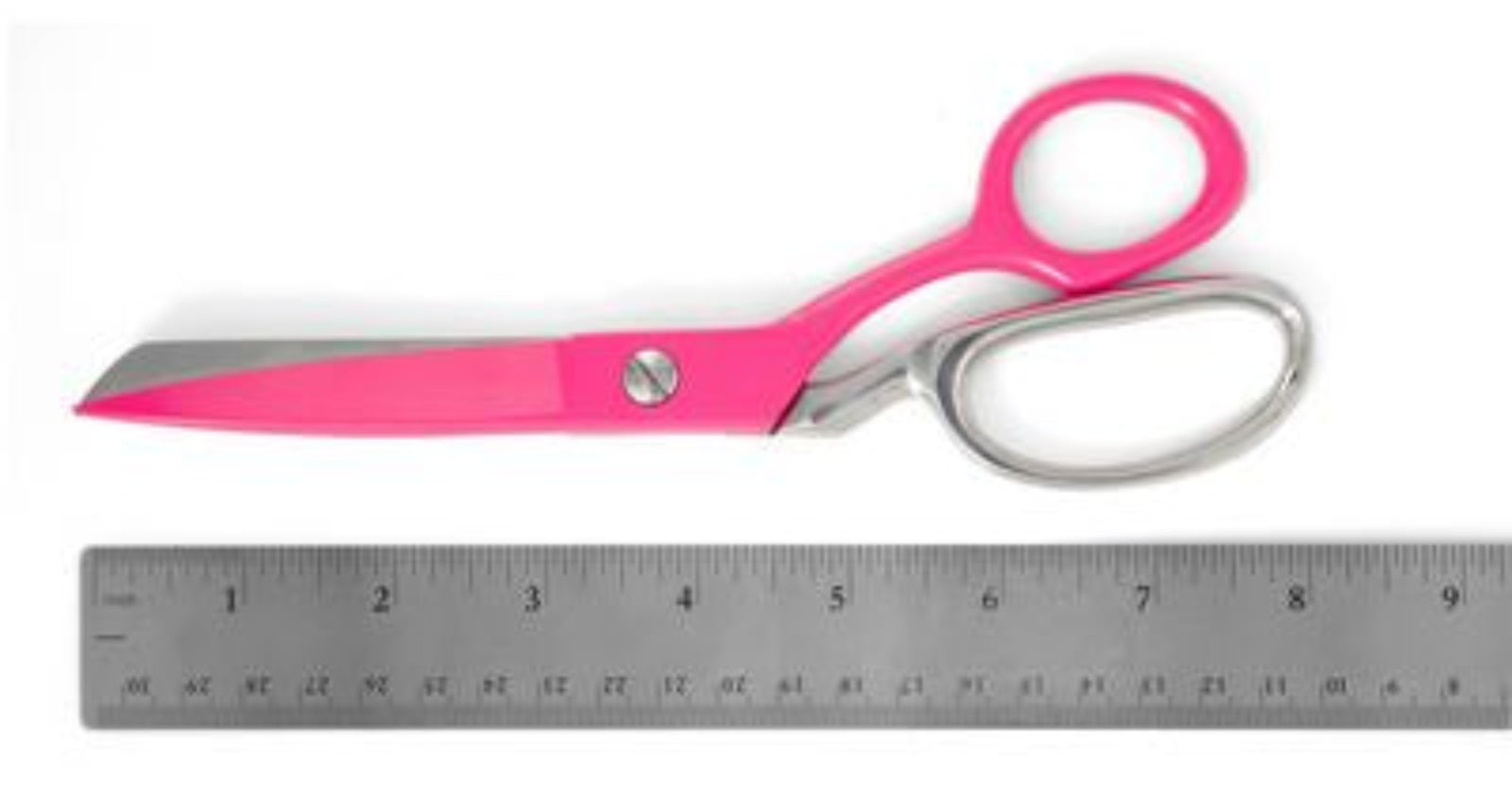 Bright pink scissors with silver metal blades and handles, shown next to a metal ruler on a white background.