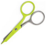 Bright lime green scissors with silver stainless steel blades and handles, shown on a plain white background.