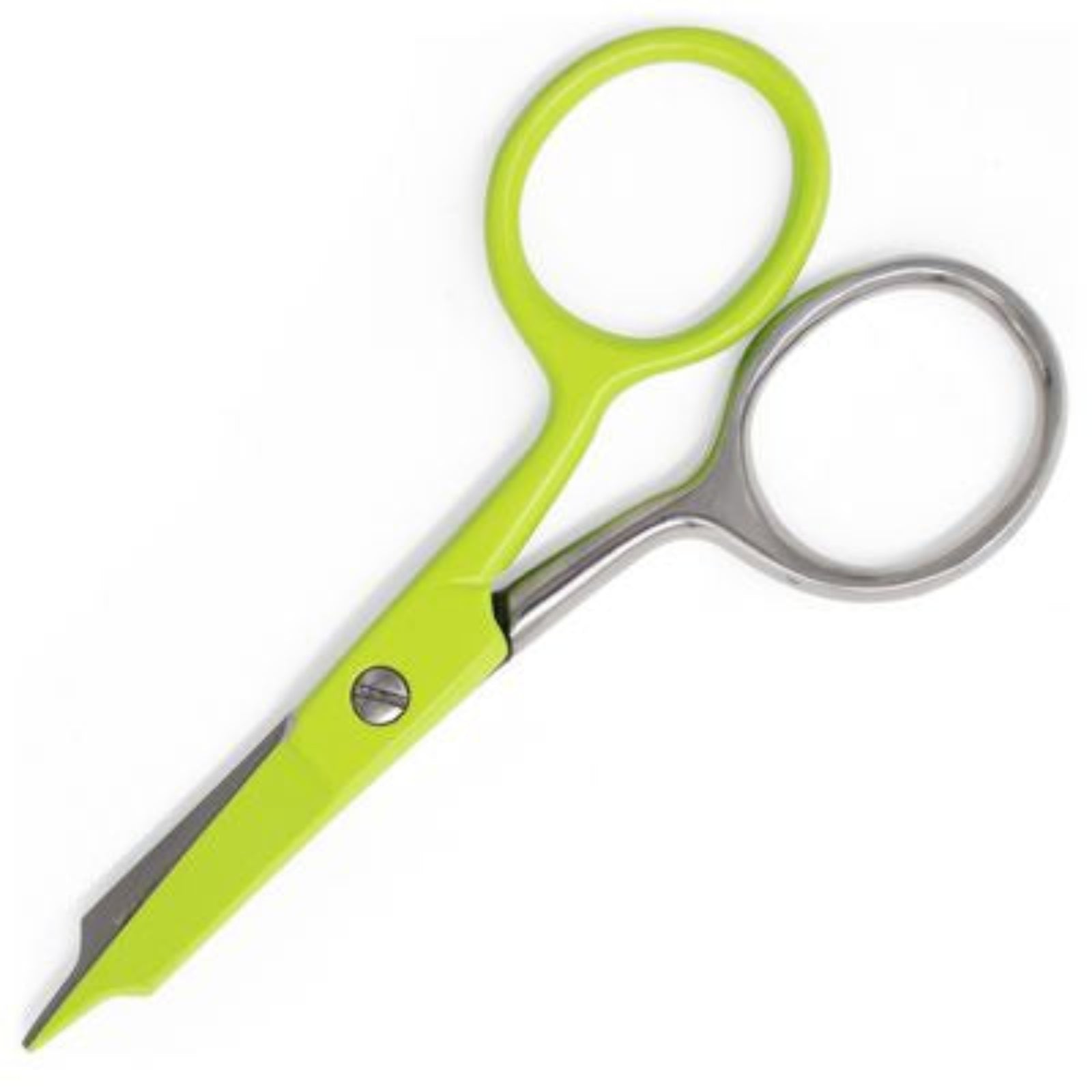 Bright lime green scissors with silver stainless steel blades and handles, shown on a plain white background.