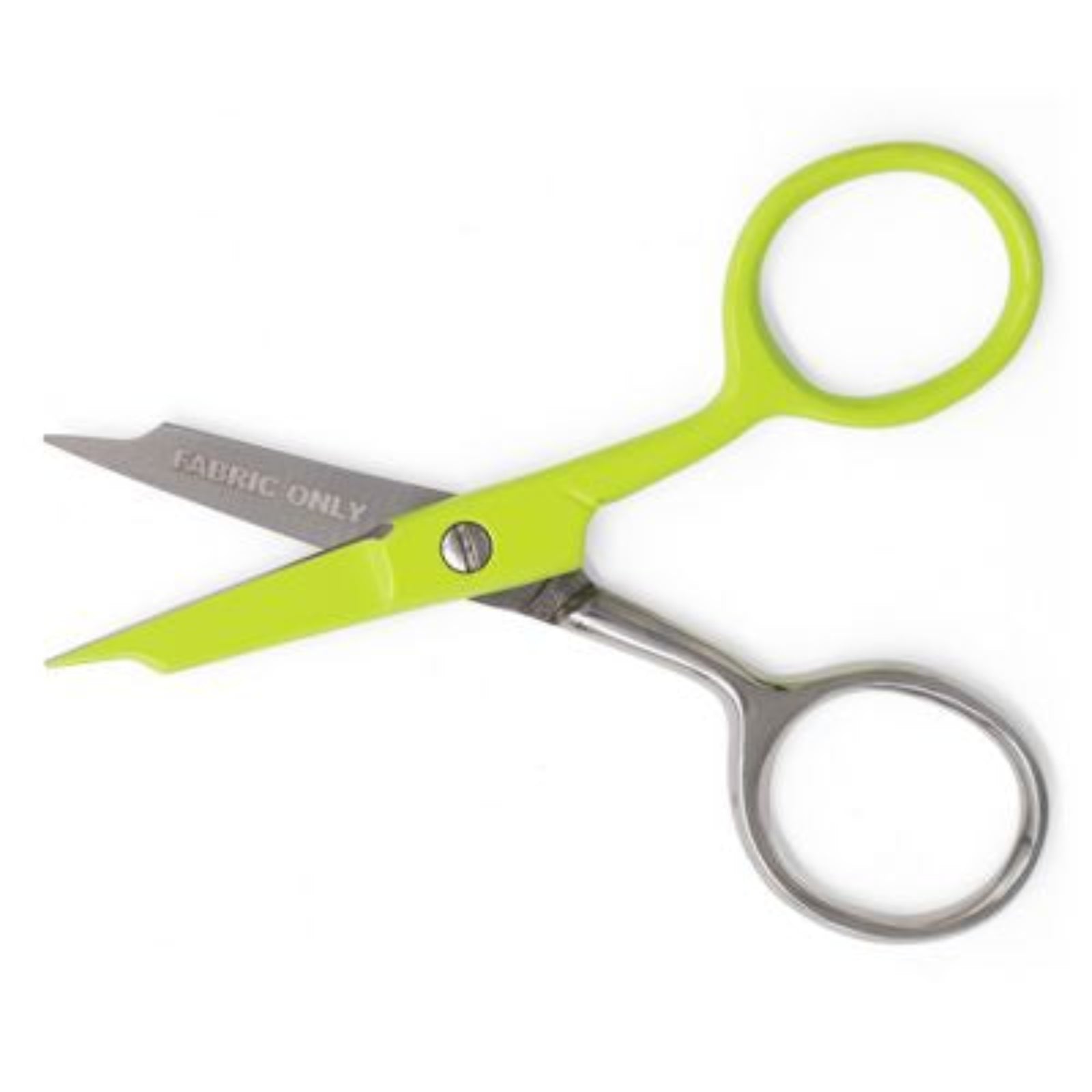Bright lime green fabric scissors with silver metal blades and handles, shown open on a plain white background. The blade has the text 'FABRIC ONLY' printed on it.