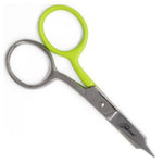 A pair of scissors with bright lime green handles and silver stainless steel blades, featuring the 'Tula PINK' brand logo on the blade, set against a plain white background.
