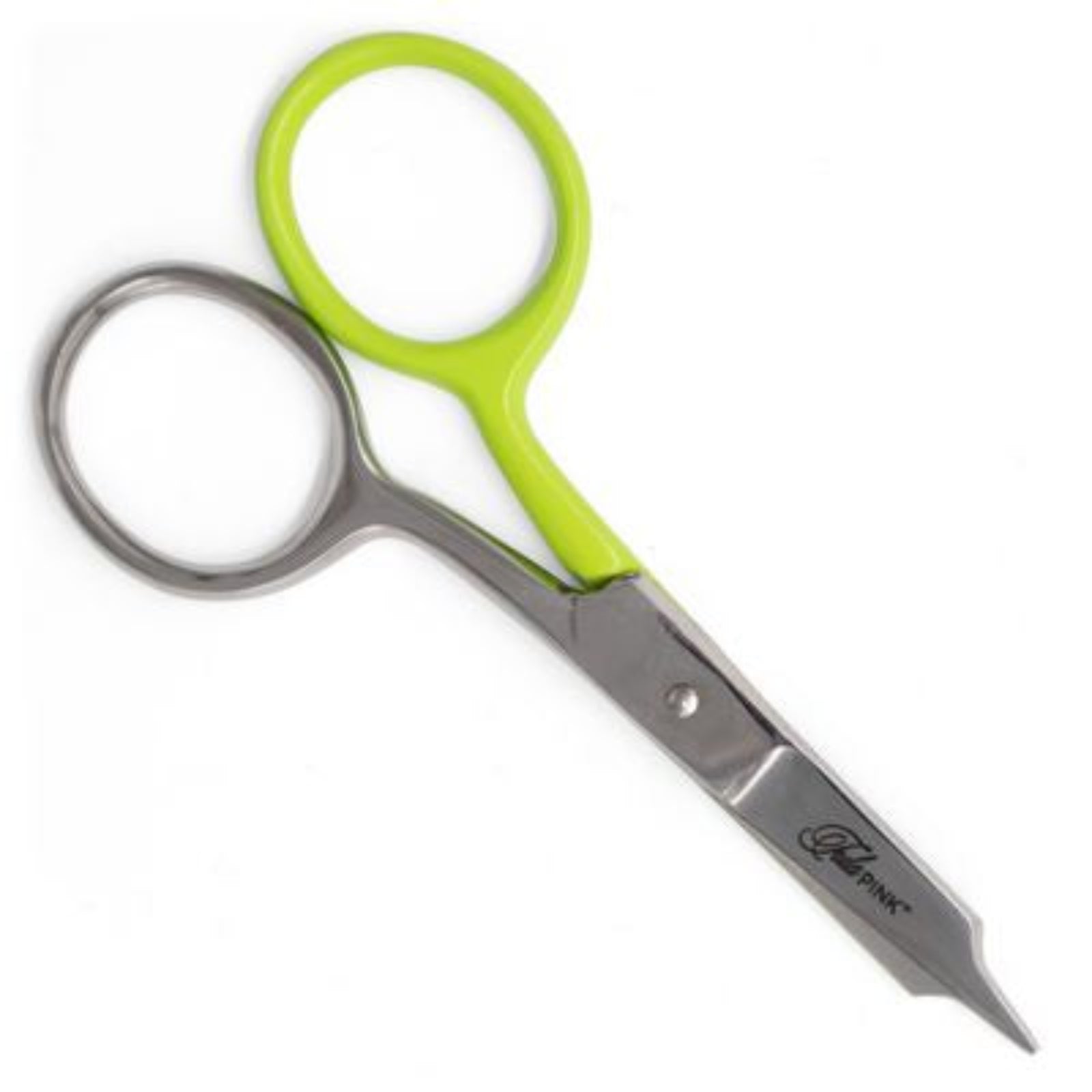 A pair of scissors with bright lime green handles and silver stainless steel blades, featuring the 'Tula PINK' brand logo on the blade, set against a plain white background.