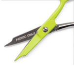 Bright lime green fabric shears with silver metal blades and a silver screw, featuring the text 'FABRIC ONLY' printed on one blade, shown against a plain white background.