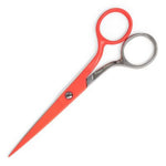 A pair of scissors with bright coral-red plastic handles and silver stainless steel blades and ring handles, shown on a plain white background.