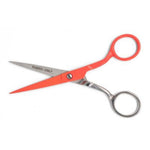 Red fabric shears with silver metal blades and handles, featuring the text 'FABRIC ONLY' on the left blade, set against a plain white background.